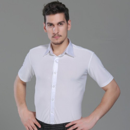 White short sleeves down collar men's male competition performance waltz tango latin dance shirts tops